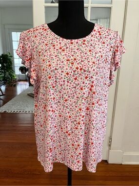 CeCe Pink and Red Floral Ruffle Sleeve Blouse